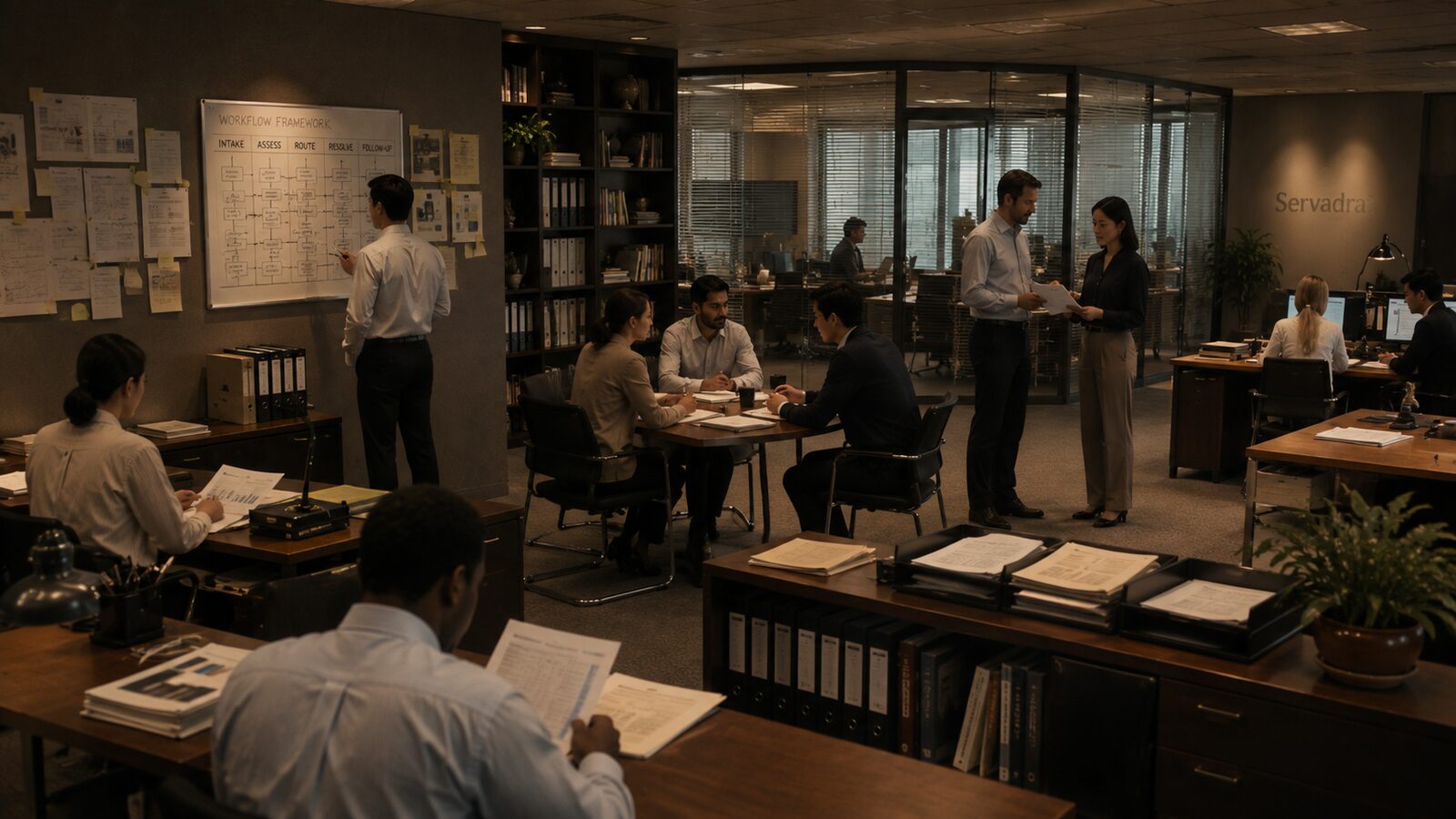 Team members around a whiteboard mapping an intake, assess, route, resolve and follow-up workflow