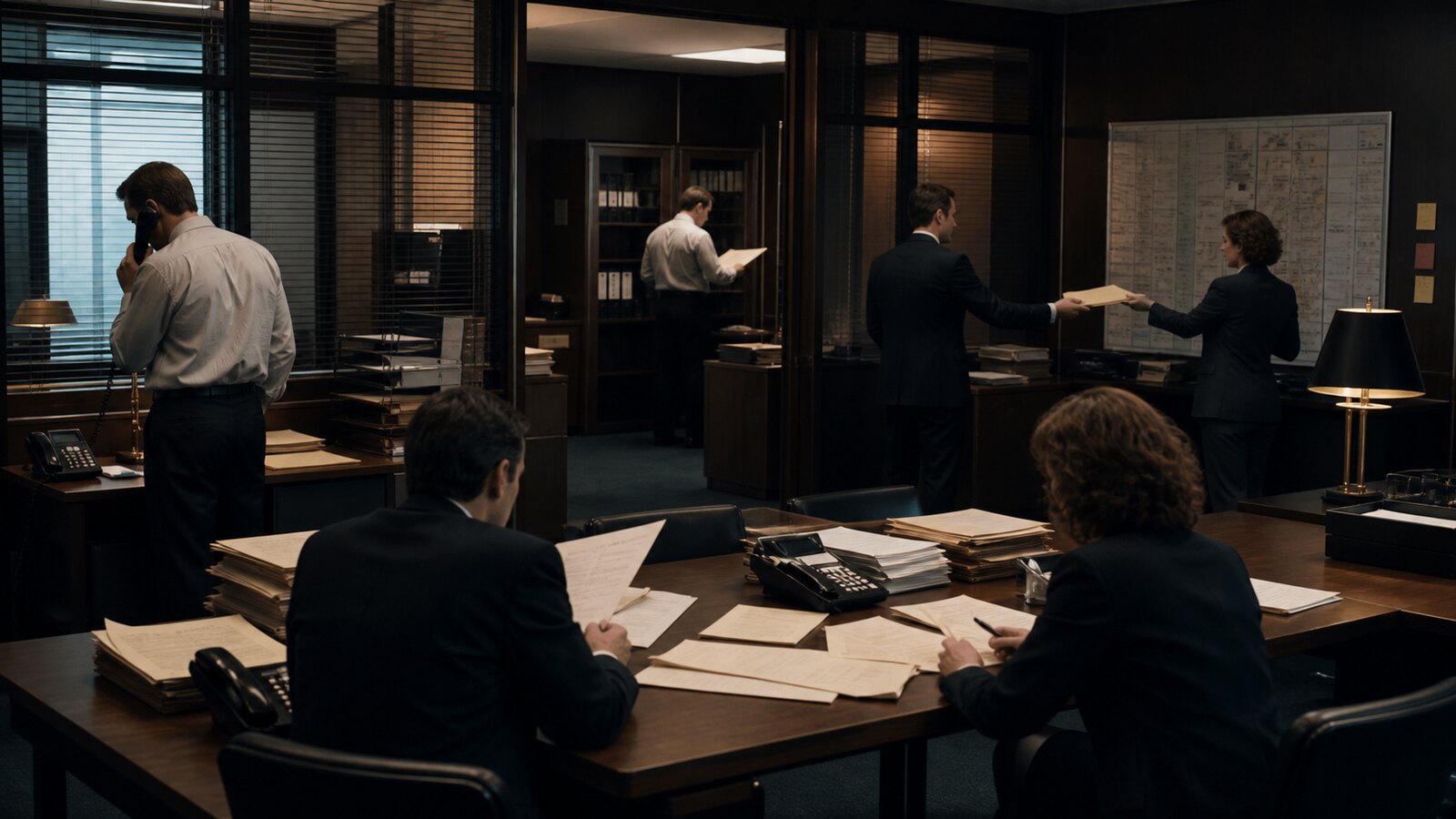 Office staff handling paper files, phone calls and a wall planner in a manual, paper-based workplace