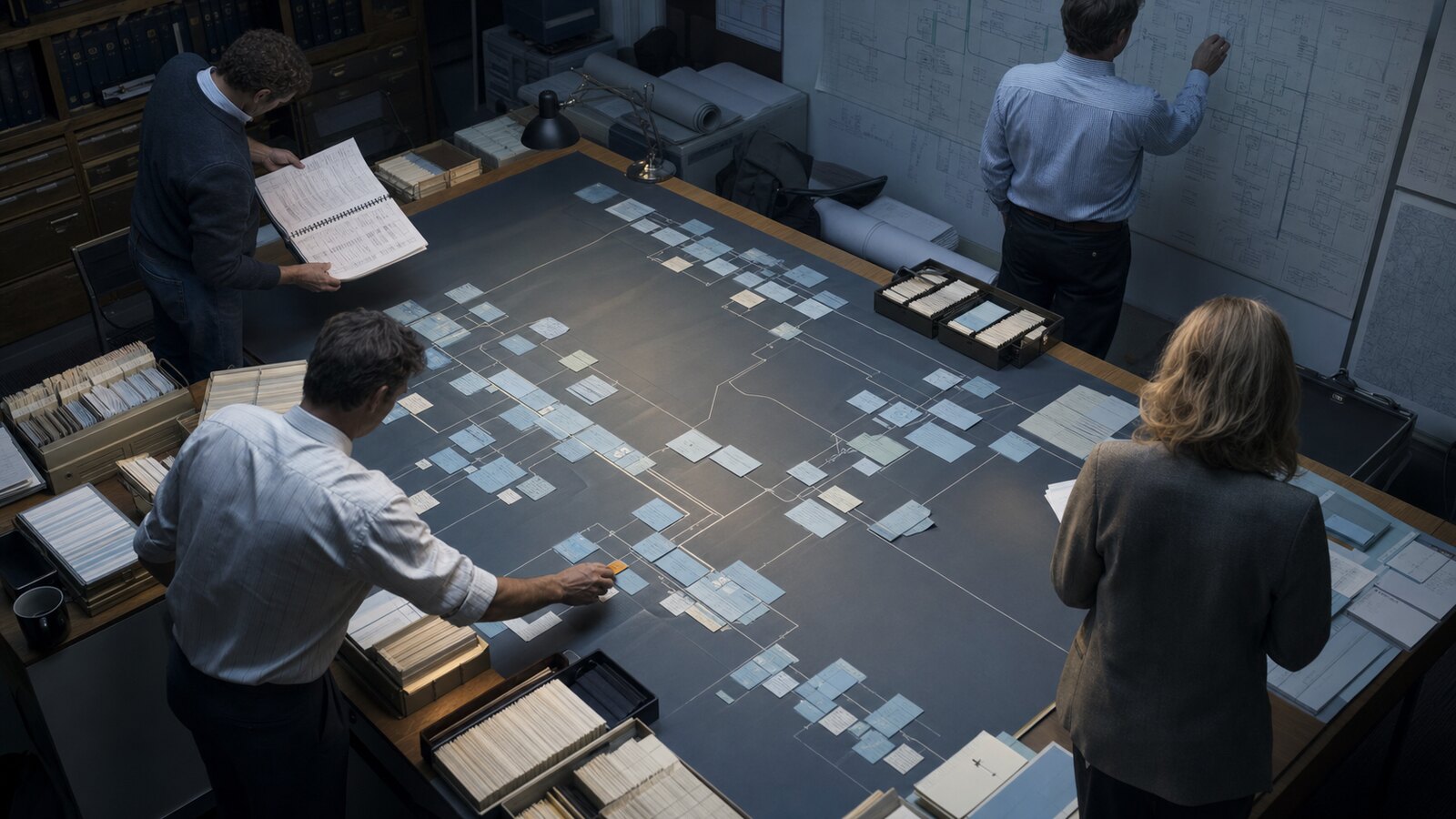 Colleagues mapping a business process with paper cards laid out on a large table and wall diagrams