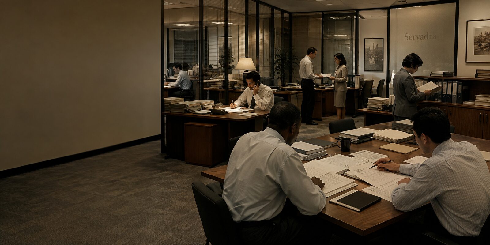Staff at desks and tables working through paper files and phone calls in a busy open-plan office