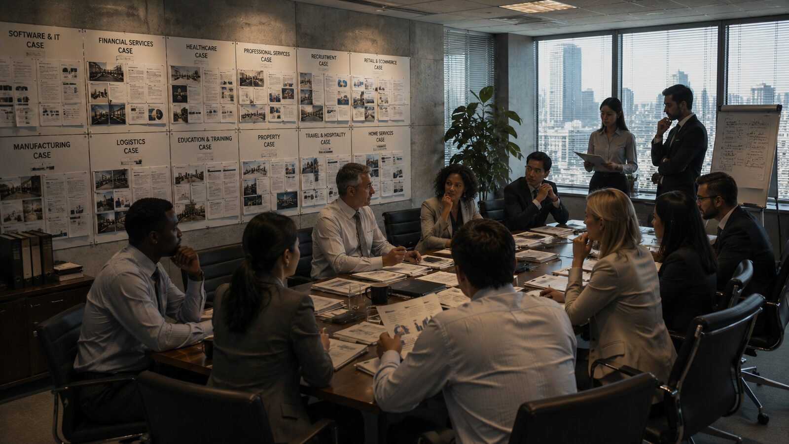 Team meeting in a boardroom beside a wall of case boards sorted by sector, from software to manufacturing